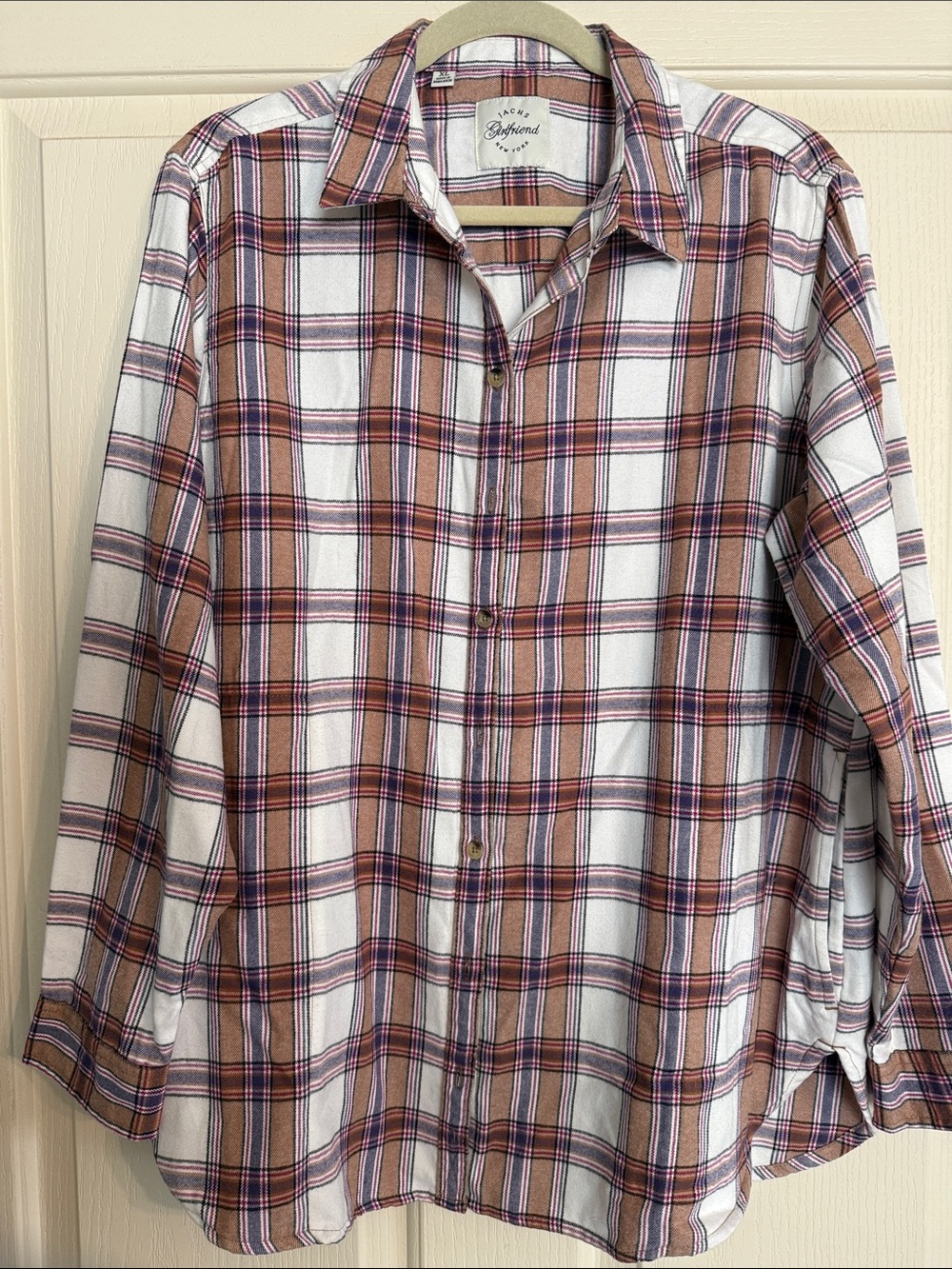 JACHS Girlfriend Soft White, Brown & Pink Plaid Button-Down Shirt